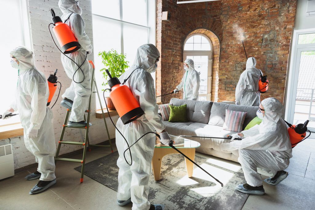 Coronavirus Pandemic. A disinfectors in a protective suit and mask sprays disinfectants in the house